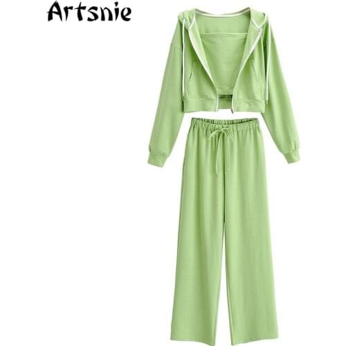 Artsnie Spring 2021 Two Piece Set Women Crop Hoodies High Waist Wide Leg Pants Green Knitted Tracksuits Outfits Two Piece Set