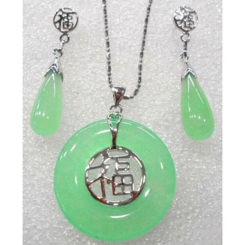 Free Shipping Natural Light Green jade Fortune Round Pendant Necklace Drop Earrings Set