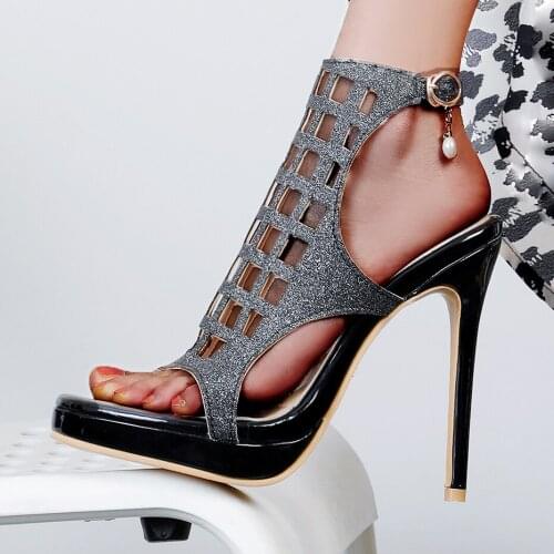 Grete Shiny Cloth Metal Buckle Pearl Elastic Band Ultra-High Stiletto Heel Womens Shoes Hollow Breathable Checkered Sandals
