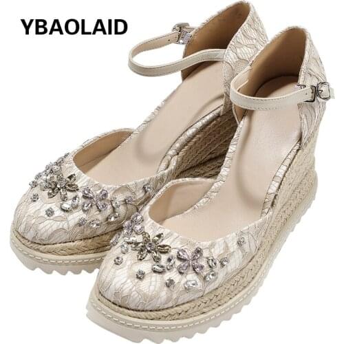 Baotou Lace Leather Rhinestone Wedges Fashion Sandals 2021 Summer New One-word Buckle Woven Platform Platform Super High Heels
