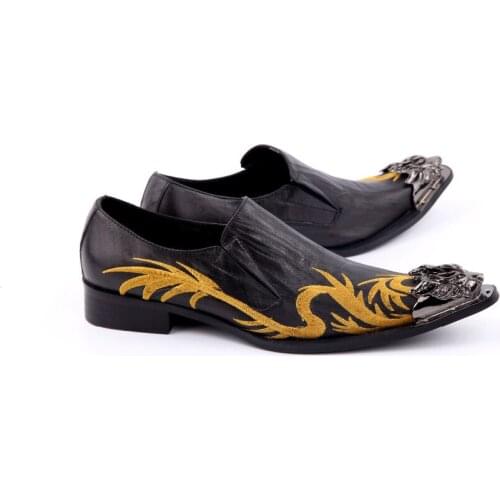 Black spiked loafers formal shoes men dragon embroidery handmade shoes italy slip on oxford shoes for men plus size