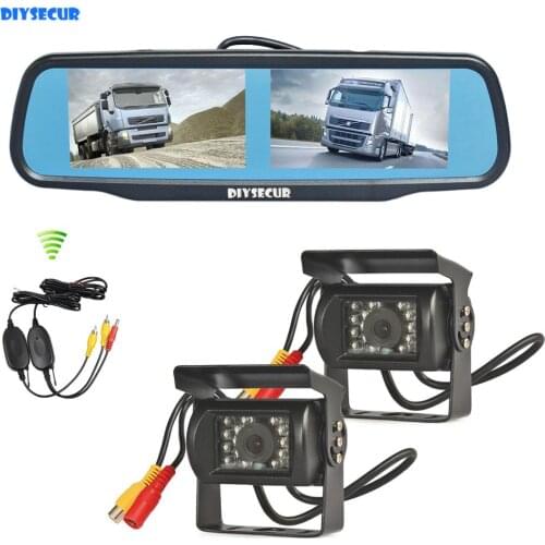 DIYSECUR Dual 4.3" Screen Rearview Car Mirror Monitor + 2 x Waterproof Car Rear View Reverse Backup Car Truck Bus Camera