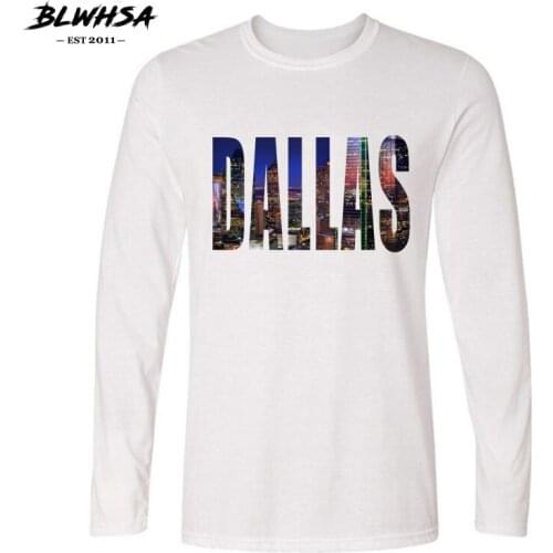 BLWHSA Fashion Dallas Letters Print Long Sleeve O-neck T-shirt New Men T-Shirts Tops Tees Mens Cotton White Men T-shirt XXL