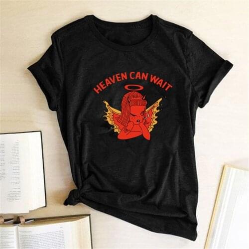 Heaven Can Wait Printing T-shirts Woemn Summer Aesthetic Clothes Gothic Shirts for Women Loose Crew Neck Graphic Tees Streetwear