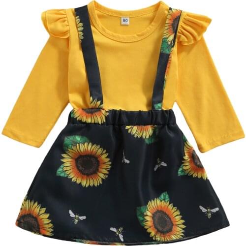 1-6Y Fashion Children Baby Girls Clothing Sets Solid Color Long Sleeve Pullovers Tops+Sunflower Suspender Skirt Outfits
