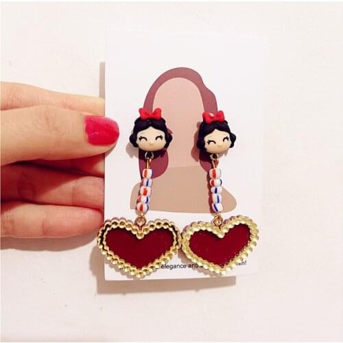 Disney Anime Accessories Cosplay Women Fashion Earrings Snow White Red Heart Ear Drops Cute Girls Jewlery Resin