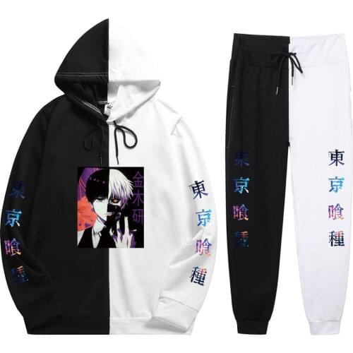 Summer Mens 2 Pieces Sets Anime Tokyo Ghoul Print Patchwork Thin Hoodie+PatchworkPants The Sharingan Sweatshirt HipHop