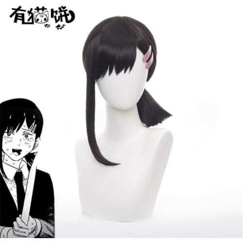 35cm Anime Chainsaw Man Cosplay Igashiyama Kobeni Wig Role Playing Wigs Halloween Cosplay Black Hair Wig Cap