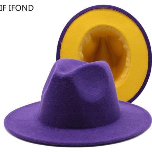 Unisex Purple yellow Patchwork Wool Fedora Hats Men Women Wide Brim Panama Party Trilby Cap Fashion Jazz Cap