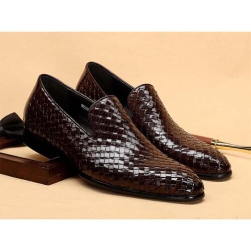 Sipriks Mens Woven Leather Casual Shoes British Style Dark Brown Leisure Shoe Pointed Gents Suit Dress Wedding Loafers Elegant