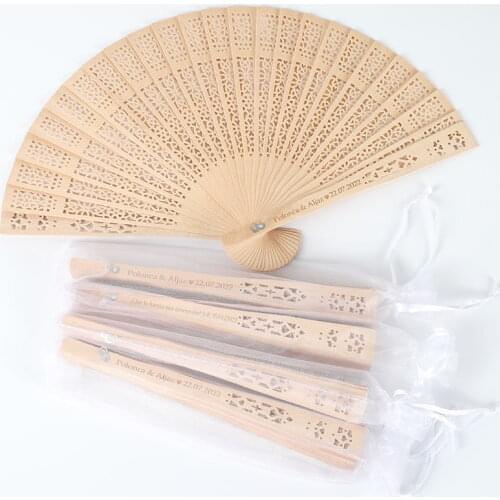 50Pcs Personalized Engraved Wood Folding Hand Fan Wooden Fold Fans Customized Wedding Party Gift Decor Favors Organza bag