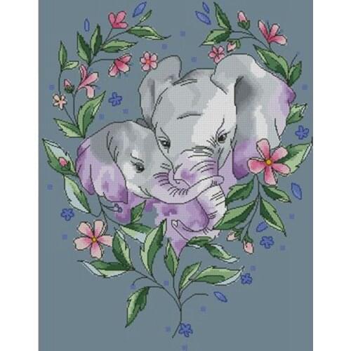 Elephant mother and child in 14-wreath 37-44 Cross Stitch Set DIY Kit Embroidery Needlework Craft Packages Cotton Fabric Floss