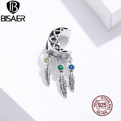 BISAER Dreamcatcher 925 Sterling Silver Dream Catcher Beads Moon Charms fit for Charm Bracelets Silver 925 Jewelry ECC1232