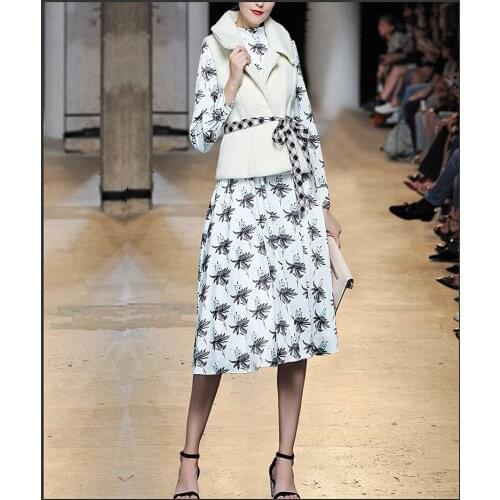 See Orange Spring Lambswool Vest Florals Print Dress 2 Piece Set Casual White Long Dress Suit For Women