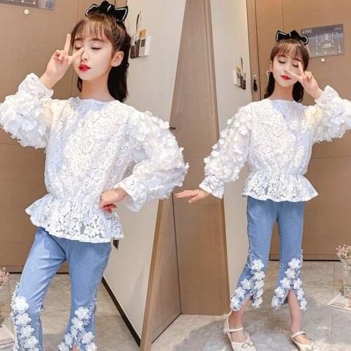 Girls Autumn Sets Childrens Lace Flowers Tops Jeans 2pcs Suit for Teens Clothes 2021 New Kids Fashion Flared Pants Sets 13 14 Y