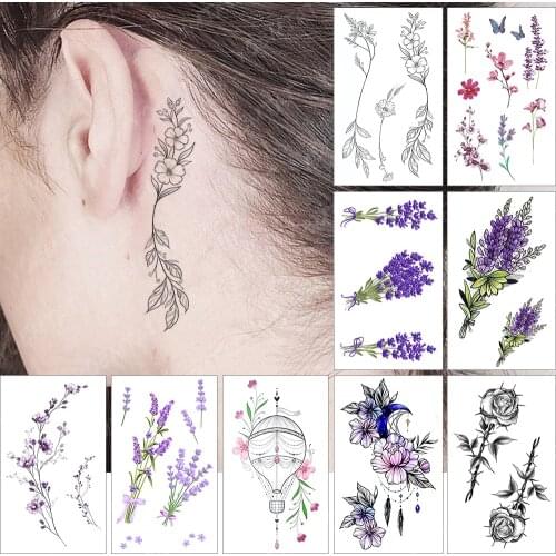 Waterproof Temporary Tattoo Sticker Ear Thin Line Flowers Watercolor Lavender Flash Tatoo Fake Tatto For Body Art Women Men