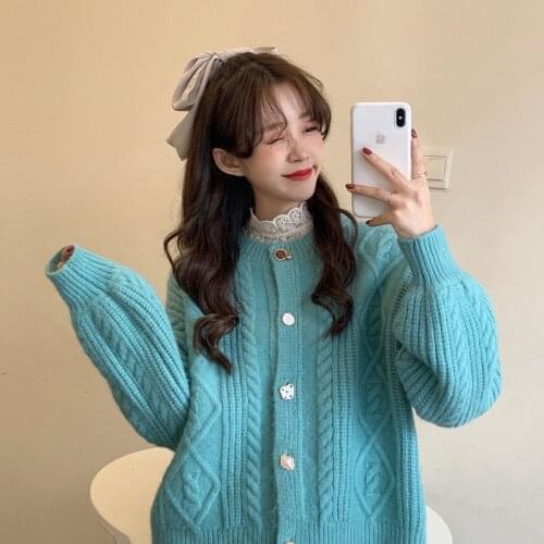 Twist round neck knitted cardigan 2021spring and autumn New loose retro idle style Japanese sweater coat for women