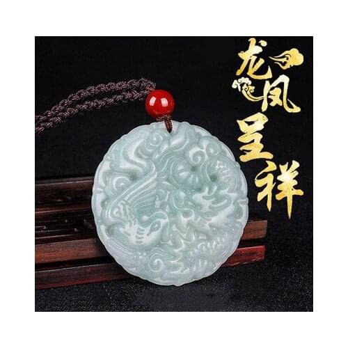 Zheru Jewelry Natural Jadeite Myanmar A Grade Dragon and Phoenix Pendant Necklace Exquisite Jewelry Best Gift