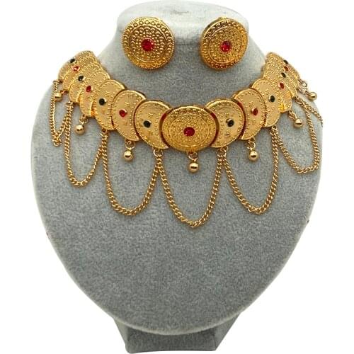 Dubai Jewelry sets for Women Saudi Arabia Colored Stone Chokers 24k Habesha Necklace Earrings Rope African Wedding Eritrean Gift