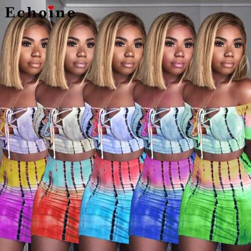 Women Fashion Multicolor Printed Skirt Two-Piece Set Bandage Lace Up Slash Neck Sexy Off Shoulder Matching Set Casual Tracksuit