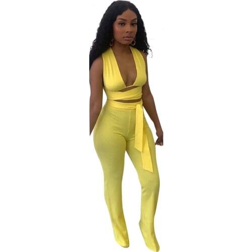 Casaul Women Pants Suit Deep V-neck Shirt Top And Long Pants Backless Bandage Tracksuit Women Outfit