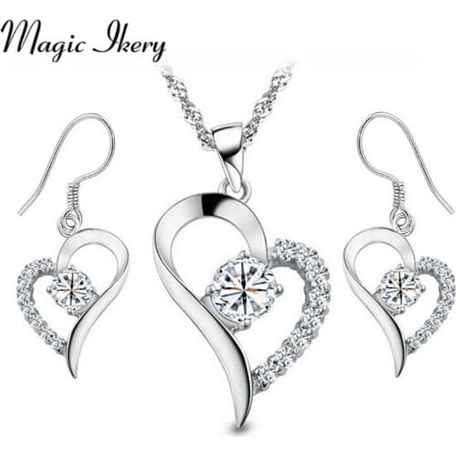 Magic Ikery New 2016 Silver Color Zircon Crystal Wedding bridal Heart Bridal Jewelry Sets Fashion Jewelry for women IKL3587