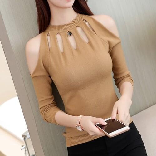 Autumn Sweater Sexy Off Shoulder Women Pullover Long Sleeve Casual O-Neck Sweaters Female Slim Hollow Out Knitted Tops Jumpers