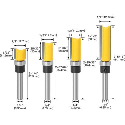 4 Pieces 1/4" 6. 35mm Shank Template Trim Hinge Mortising Router Bits Set Straight End Mill Trimmers Cleaning Tenon Cutters