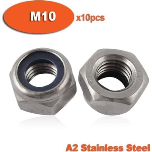 10pcs DIN985 M10 Stainless Steel Nylon Insert Hex Lock Nuts A2 Hexagon Nyloc Self Locking Nut