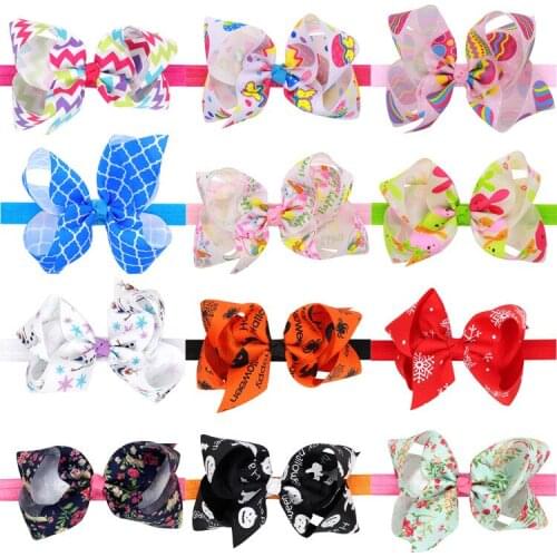 20 PCS/lot , 4.33" Floral Print Grosgrain Ribbon Bow headband, Christmas and Halloween headband