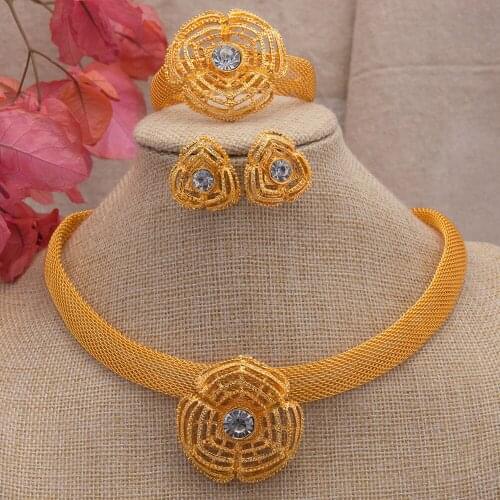 24K Dubai gold Jewelry sets For Women African Bridal Wedding Gifts Party Necklace Zircon earrings ring Bracelet Jewelry set