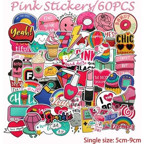 60pcs/pack PVC Waterproof Cute Pink Girls Fun Sticker Toys The Luggage Stickers Mobile Phone Skateboard Aesthetic Sticker