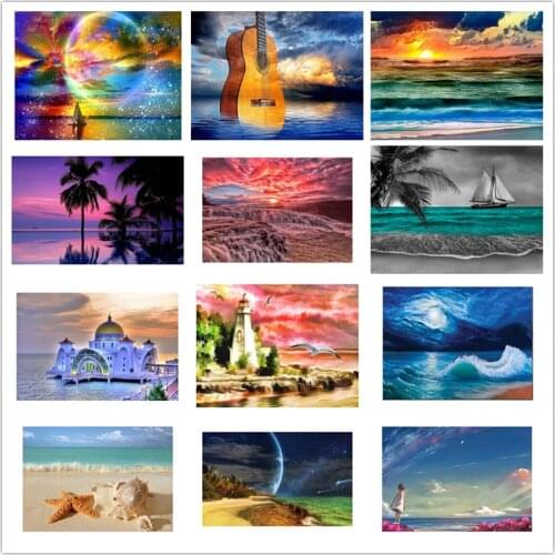 Diamond Painting Full Drill Square Landscape 5D DIY Diamond Embroidery Seaside Sunset Picture Of Rhinestone Sunrise Moon Scenic