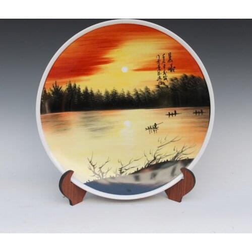 Antique Inmitation Ceramic Porcelain Decoration Plate / Dish Artistic Collection with Handpainted Sunrise Scenery Painting