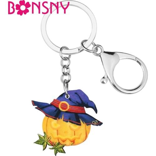 Bonsny Acrylic Halloween Hat Pumpkin Head Keychains Long Print Cute Key Ring Jewelry For Women Kids Fashion Gift Bag Accessories