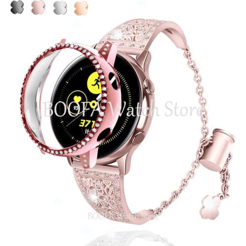 20MM Diamond Stainless Steel Strap For Samsung Galaxy Watch Active 2 40mm 44mm Band With Bling Crystal Protective Case Cover