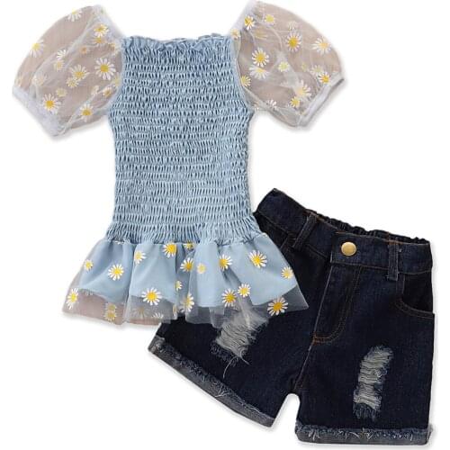 Детская одежда Girl Clothes Set Puff Sleeve Floral Tops With Denim Shorts Girls Sets одежда для девочек комплекты одежы