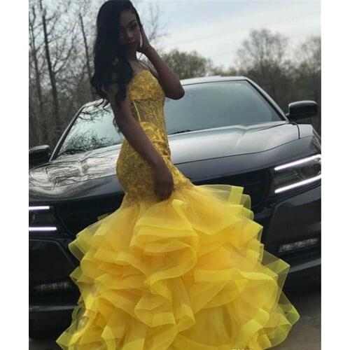 Yellow Long Prom Dresses 2021 South African Black Girls Sweetheart Appliques Graduation Wear Evening Party Gowns robe de soriee