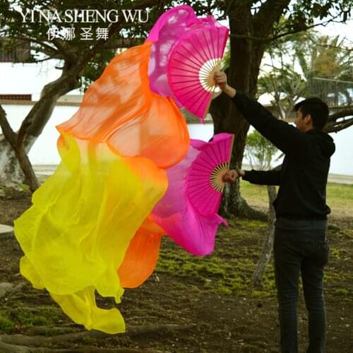 Adults Natural Silk 1 Pair (Left+Right Hand) Belly Dancing Fans 3 Colors Handmade Hand Dyed Silk Veils Dance Fans 150/180x90cm