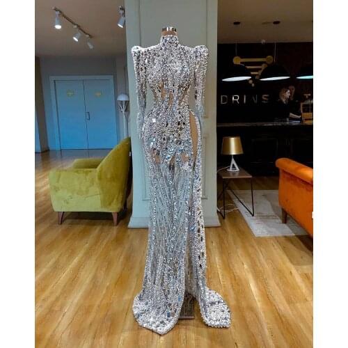 Elegant High Neck Mermaid Evening Dress Long Sleeves Floor-Length Slit Beaded Prom Dress Middle East Saudi Arabia Formal Dress