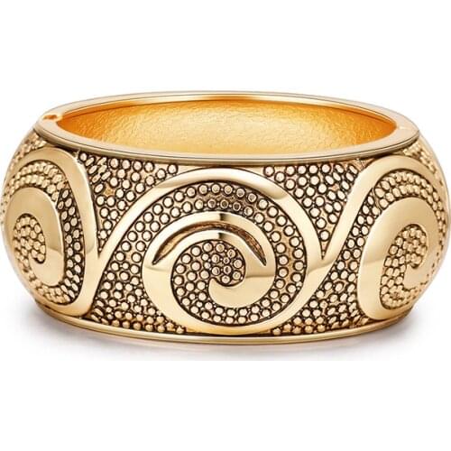 Ethnic Totem Metal Carved Wide Bangles Tibetan Gold Color Vintage Retro Tribal Bracelet Bangle Cuff For Women