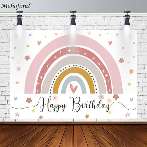 Mehofond Girl Birthday Party Backdrop Pink Rainbow Loving Heart Decor Photography Background Prop Photo Studio Banner Photozone