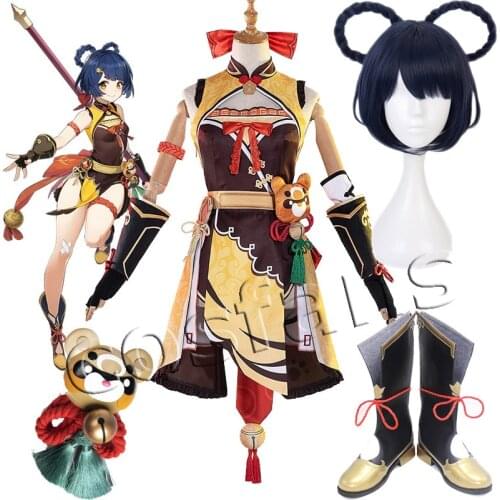 Genshin Impact Xiangling Cosplay Costume Head Chef Outfit Game Xiangling Wig Cosplay Blue Short 8-Shaped Braids Hairs Role Play