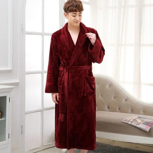 Hot Selling Men Winter Classic Long Warm Bathrobe Mens Soft Flannel Coral Fleece Robes Thick Kimono Bath Robe Male Dressing Gown