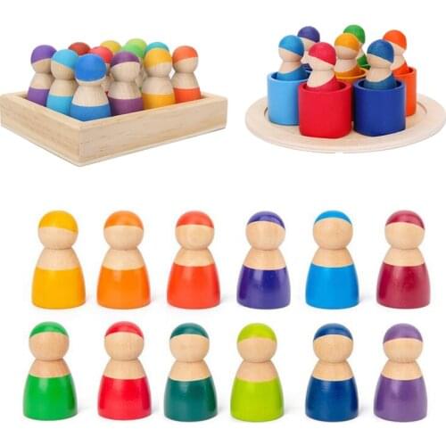 13pcs/set Montessori Toys Wooden Rainbow Blocks Friends Peg Dolls Bodies Baby Pretend Play People Figures BassWood Pegdoll