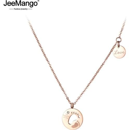 JeeMango Trendy Double Footprints Love Chokers Necklace For Women Rose Gold Stainless Steel CZ Crystal Pendant Jewelry JN19030