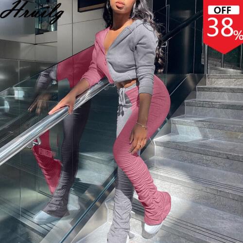 2 Piece Set Outfits for Women Fashion Autumn Winter Color Matching Hooded Long Sleeve Tops Stacked Pants Sets Casual Streetwear