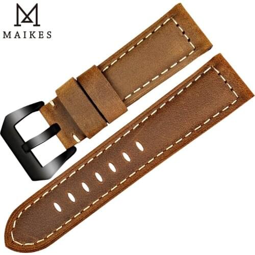 MAIKES Handmade 3 Color Watch Accessories Vintage Genuine Crazy Horse Leather 22mm 24mm 26mm Watchband Watch Strap & Watch Band