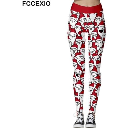 FCCEXIO Cute Santa Claus Women Leggings Christmas New Workout Pants Print Pattern Female High Waist Leggins Happy Xmas Leggins