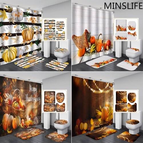 Happy Halloween Bathroom Set with Shower Curtains and Rugs Yellow Pumpkin Pattern Bath Mat Set Toilet Cover Non Slip Floor Mat